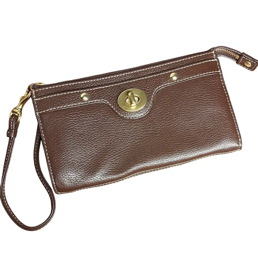 Coach vintage turnlock wristlet brown leather & brass wallet minimalist designer
